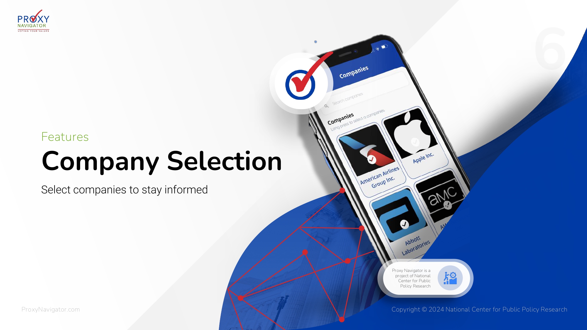 Company Selection — select companies to stay informed, shown on a phone screen