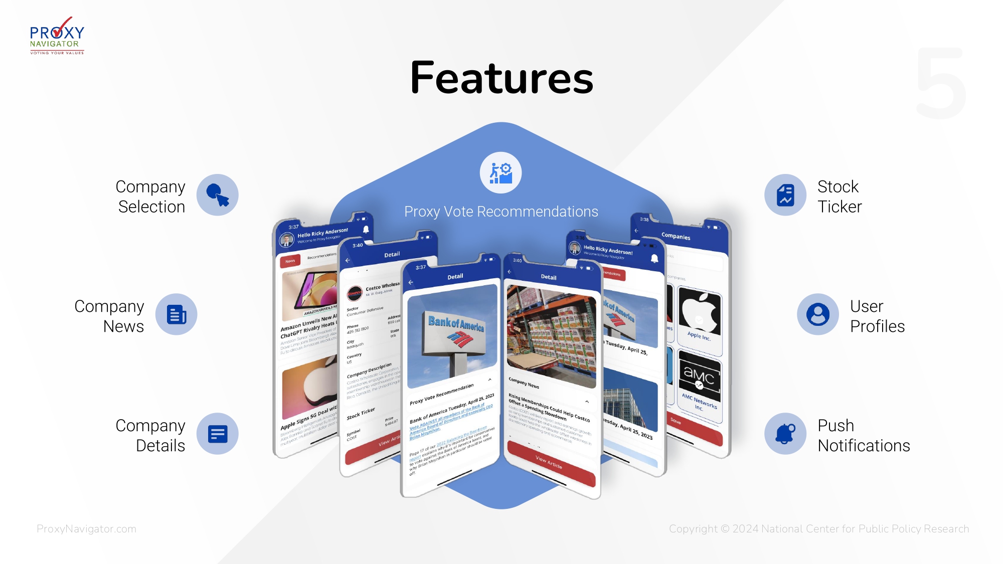 Features overview: Company Selection, Company News, Company Details, Stock Ticker, User Profiles and Push Notifications shown across five phone screens