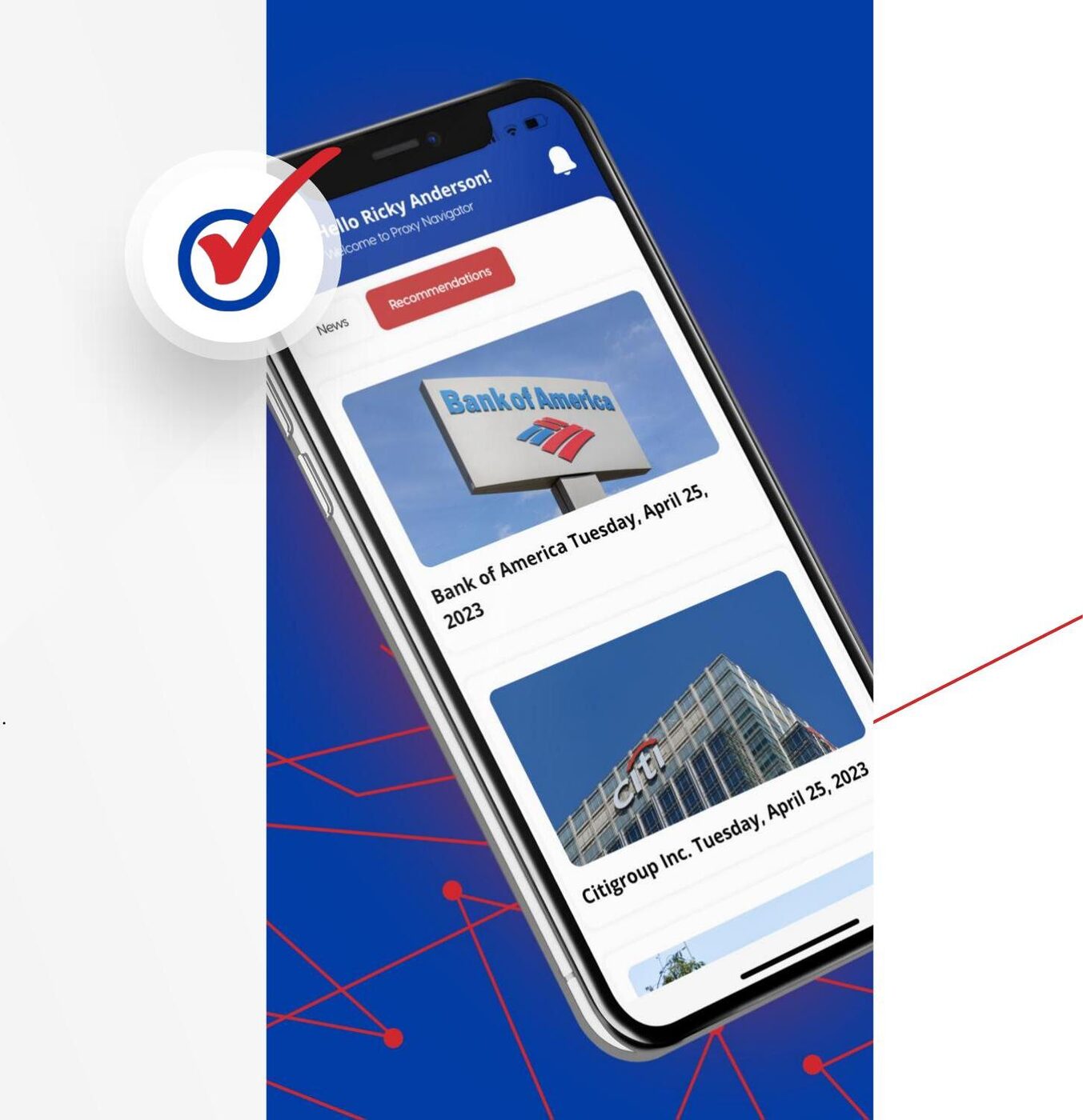 Proxy Navigator app shown on a smartphone displaying company news