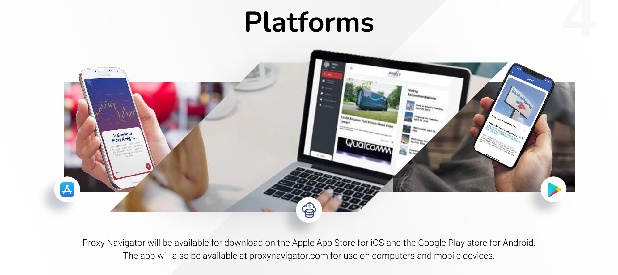 Platforms — Proxy Navigator on Android phone, MacBook and iPhone. Available for iOS, Android and web.